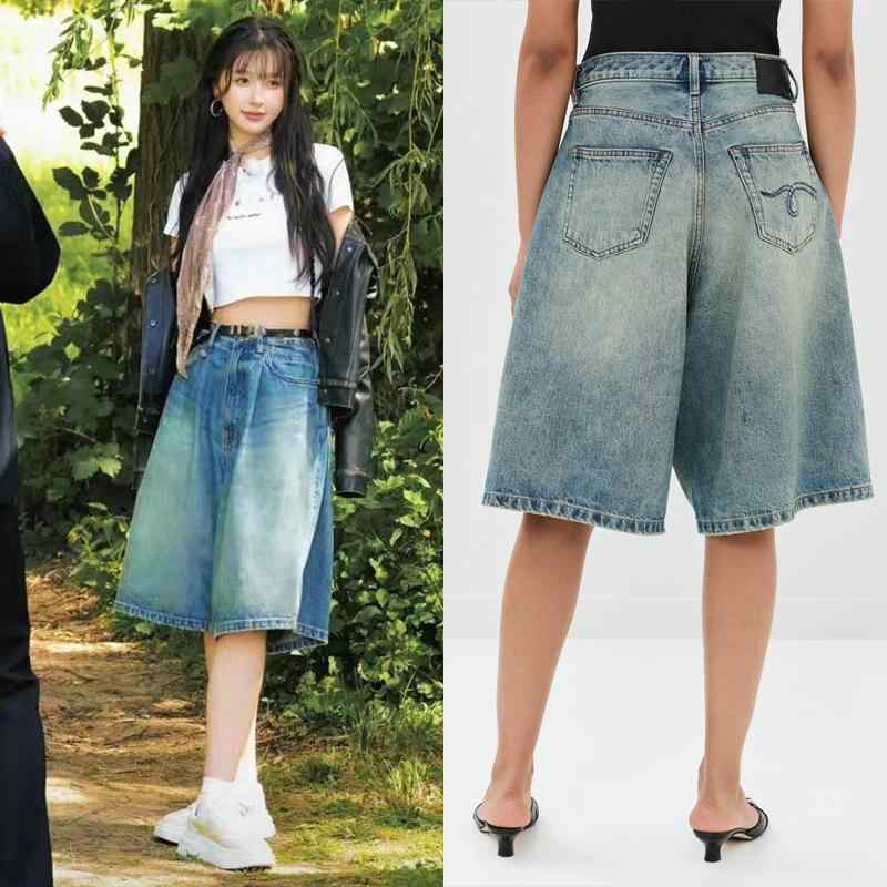 ハーフパンツ レディース 闊腿パンツ ジーンズ ジーパン デニムパンツ 五分丈 ワイドパンツ ブルー 懐旧 レトロ 膝丈 切り替え ダメージ加工 ビッグシルエット ゆったり 体型カバー 大きいサイズ 大きめ サイズ 着痩せ 体系カバー お腹周り 補正 接触｜日用雑貨　RISE店