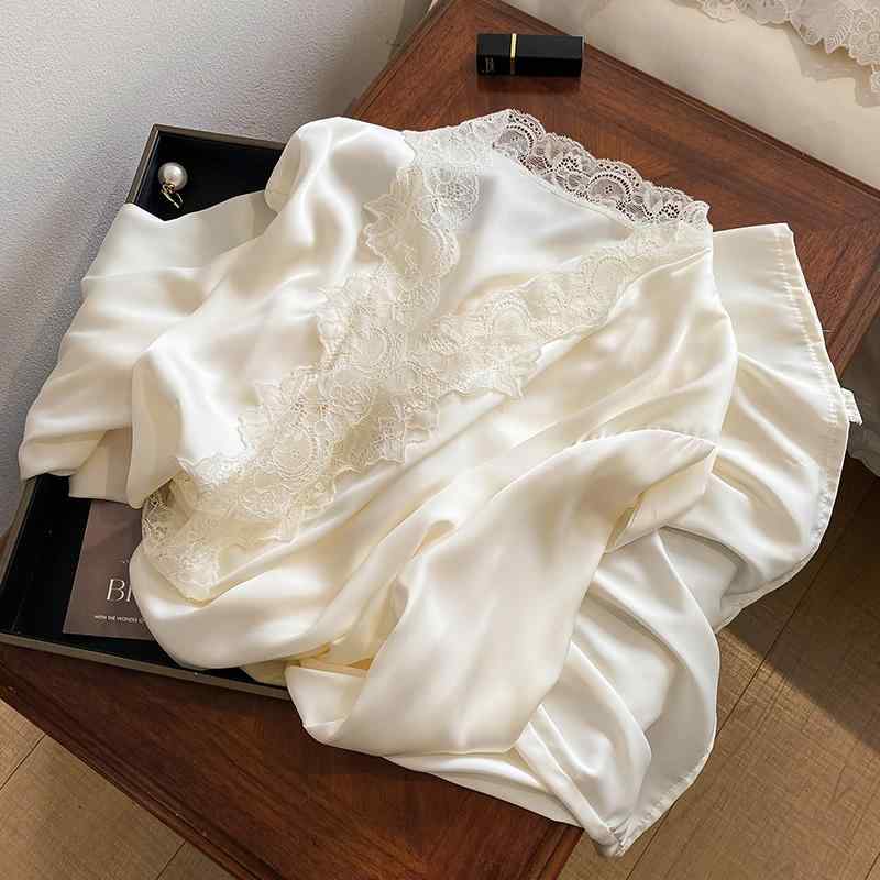 パジャマ レディース 春夏 シルク風 ルームウェア ナイトガウン ガウン 部屋着 高級感 サテン 光沢感 セクシー 体型カバー ゆったり 二の腕カバー 着痩せ 細見え 大きめ サイズ 長袖 羽織り 贅沢感 エレガント 涼しい 接触冷感 吸湿速乾 通気性 快｜日用雑貨　RISE店