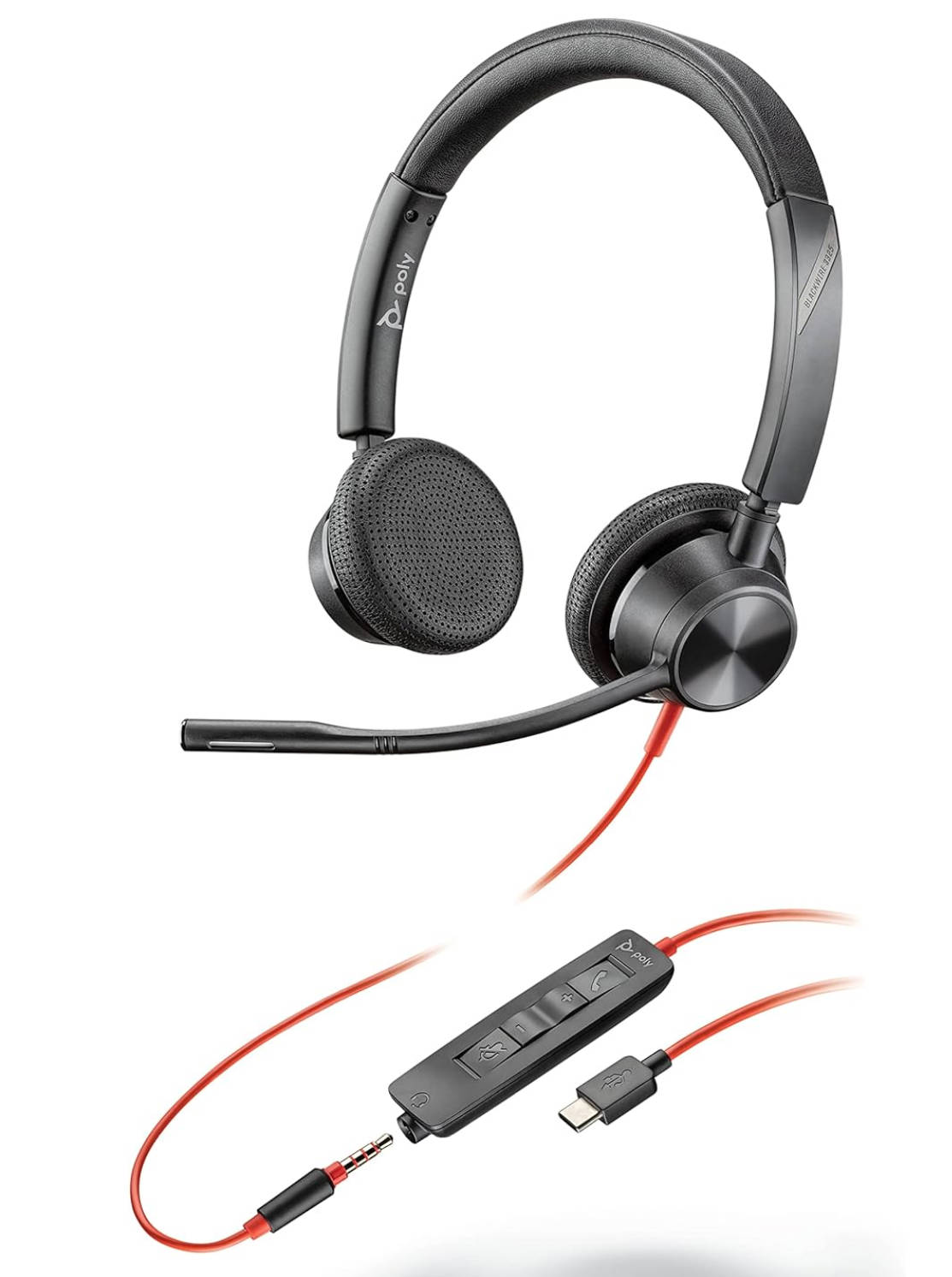 Poly Blackwire C5220 USB-C有線 両耳 上端仕掛ける ノイズキャンセルマイク マイコン/Mac/経口避妊薬/可動性相応う USB-C/3.5粍繋ぎ合わせる