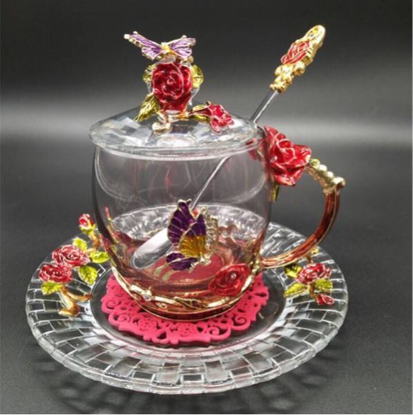 バラ  ガラス製 ティーカップ 4点セット食器 コーヒーカップ 赤薔薇花柄 ガラス製 ．ティーカップ 4点セットコーヒーカップの