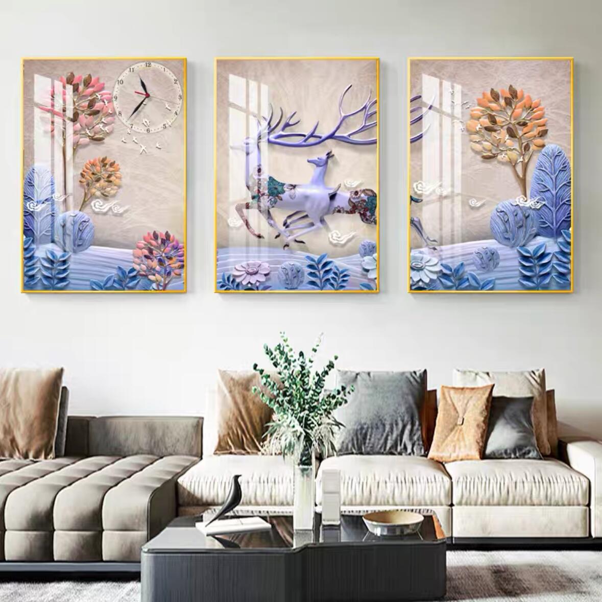 A003853高級美術アートパネル .絵画インテリア 壁飾り 絵画プリント 壁画 キャンバスプリントポスター3枚 40x60 壁かけ時計|リタハウス 店