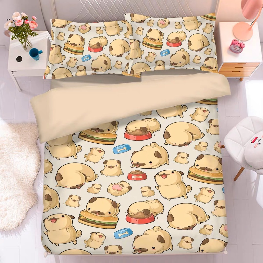 A019122ワイドダブル ベッド用品4点セット .寝具 枕カバー掛け布団カバー パグ雑貨|リタハウス 店