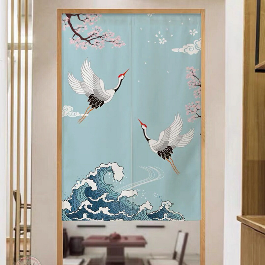 招き猫図麻暖簾　張り子猫　手描き猫麻暖簾　のれん　麻暖簾　タペストリー dxl-life225-01.jpg