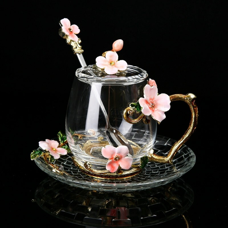 A003555瑠璃製ティー・コーヒーカップセットカップ＆平円盤1客 花柄 窈窕たる琺瑯質彩優勝杯4点仕掛ける