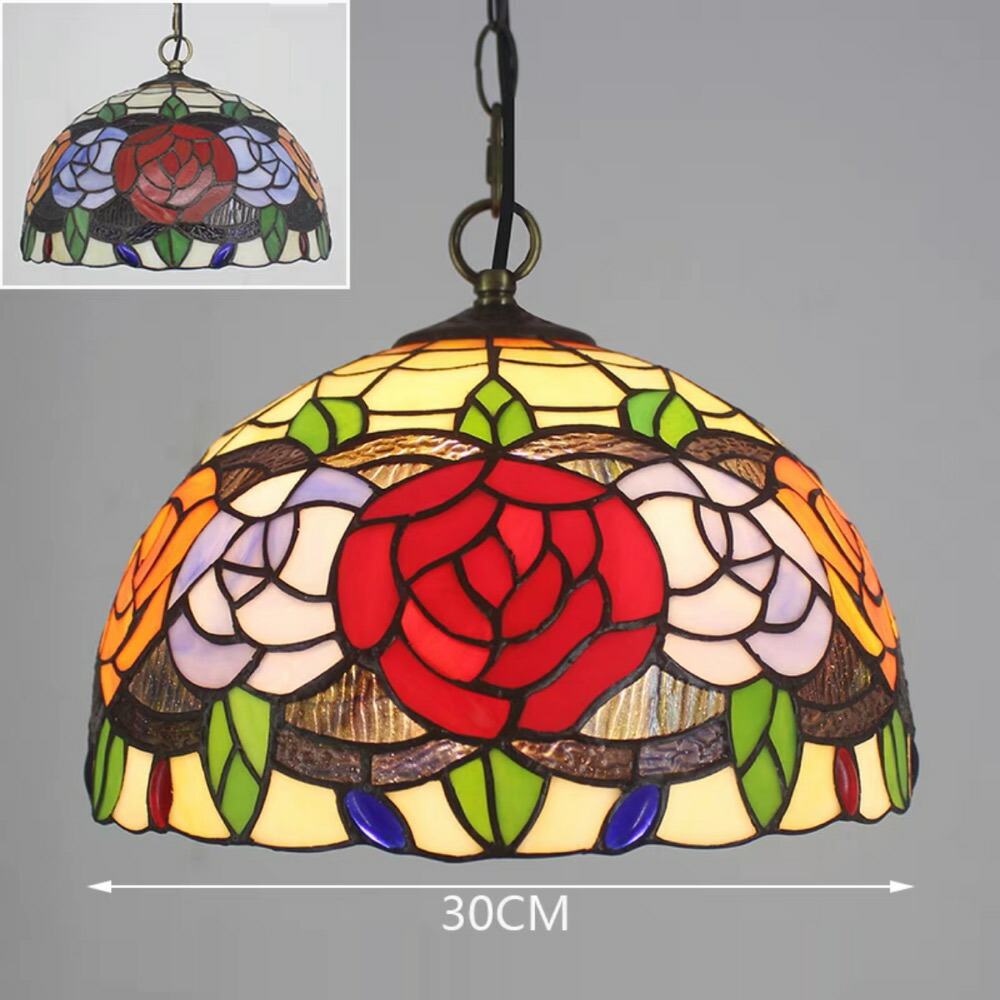 A003782ステンドグラス ペンダントライト豪華天井照明ステンドグラスランプ ガラス工芸品 電源直結タイプ バラ薔薇
