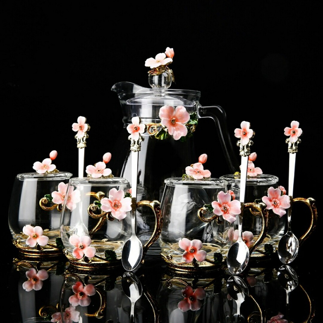 A038805花柄ガラス製 ティーカップ セット 食器 コーヒーカップ 豪華カップセット蓋付き|リタハウス 店