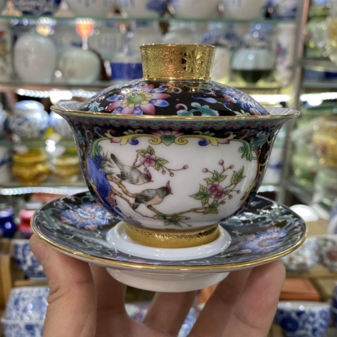 A039519蓋碗　琺瑯彩 茶杯セット 茶器　三才碗 花柄 耐熱 陶磁器製の中国茶器 1客｜リタハウス　店