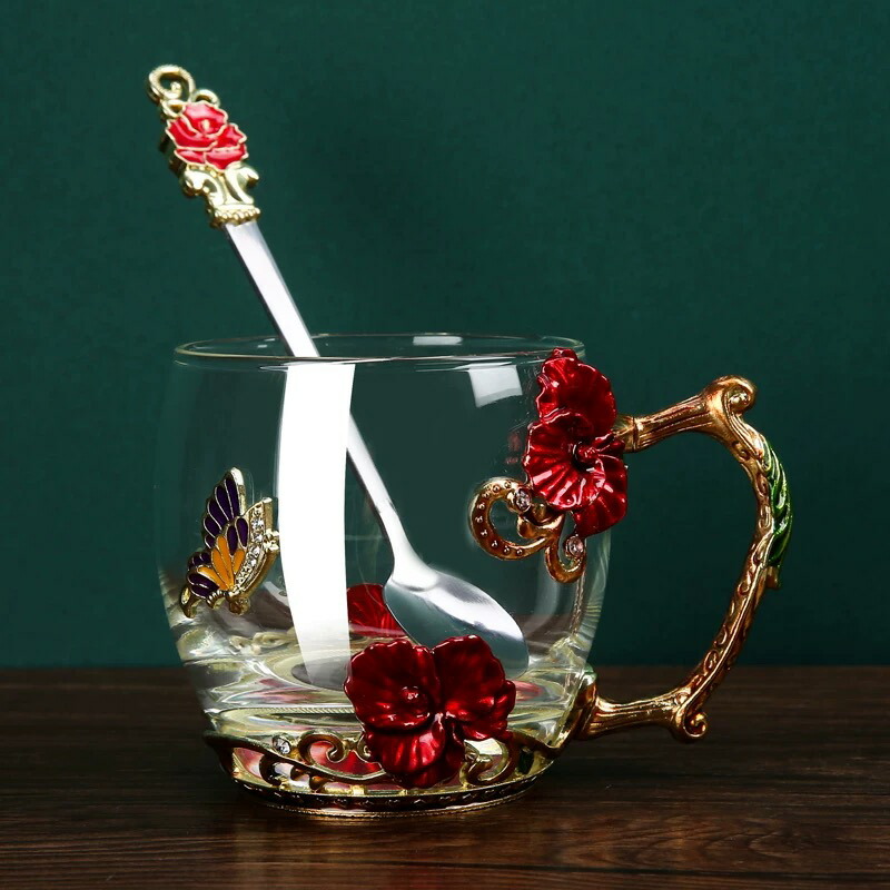 赤バラ花柄 ガラス製 ．ティーカップ 4点セットコーヒーカップ 赤バラ花柄 ガラス製 ．ティーカップ 4点セットコーヒーカップ