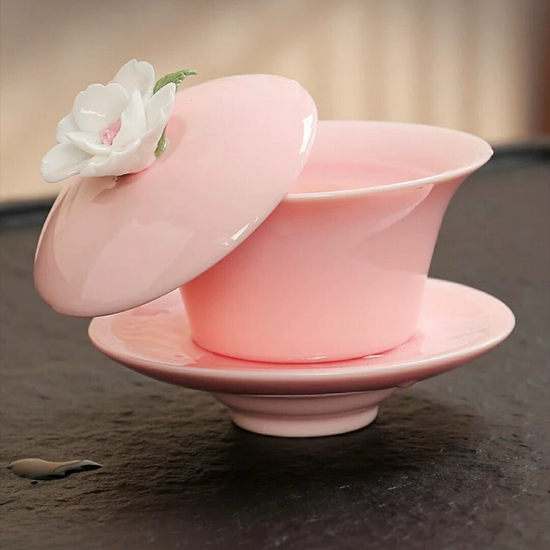 A034931蓋碗 茶杯仕掛ける 茶器 三才碗 立体花柄 耐熱 瀬戸もの製の中国茶器 1客