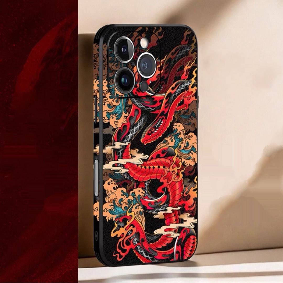 a063308御前上等PUなめし革 赤蛇主題 スマホケース和風作物上滑り打ち切り耐衝撃 iPhone