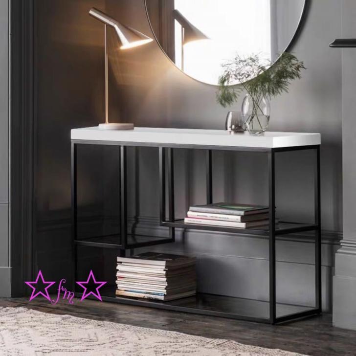 イタリア製家具】 大理石コンソール（丸・茶枠・大理石オレンジ色）