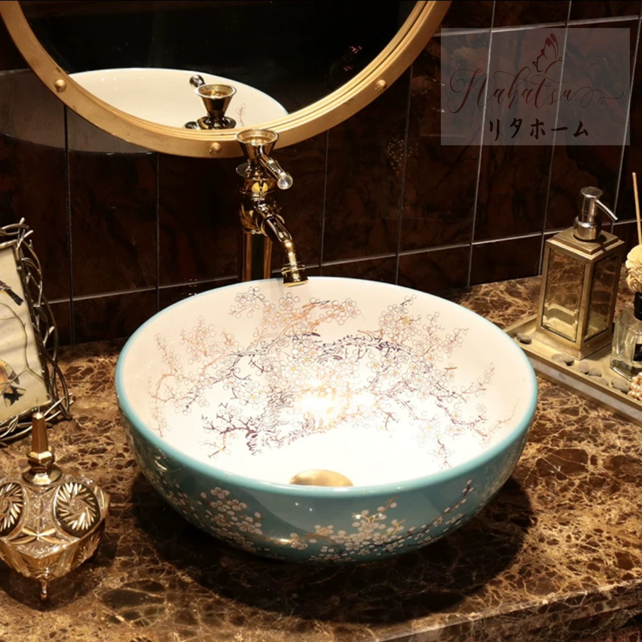 高級洗面台 洗面ボウルセット ．洗面ボール 陶器 手水鉢 ．蛇口 排水金具付き ad86be458d1b6707befa4094165fc7