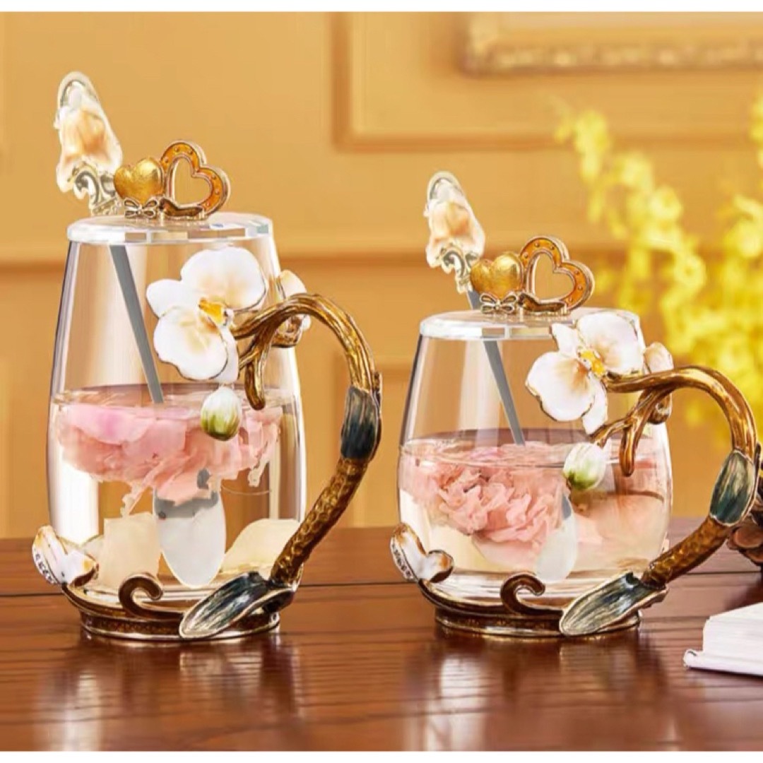 A037339ガラス製ティー・コーヒーカップセットカップ2客 花柄 上品琺瑯彩カップ｜リタハウス　店