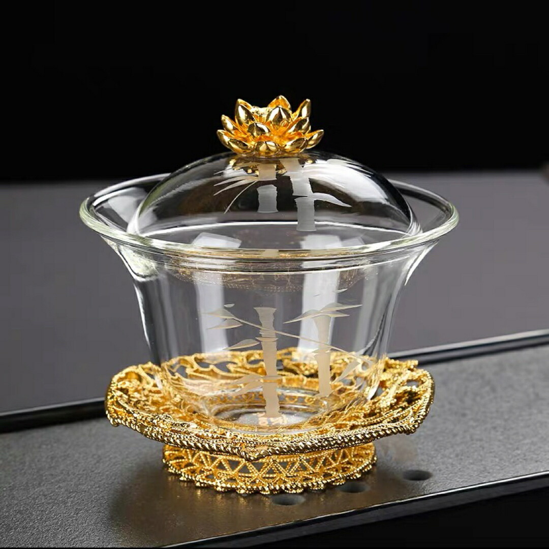 高級 蓋碗　茶杯セット 金箔入れ　花柄 おしゃれ　耐熱ガラス製の中国茶器 1客 高級 蓋碗 茶杯セット 金箔入れ 花柄 おしゃれ 耐熱ガラス製の