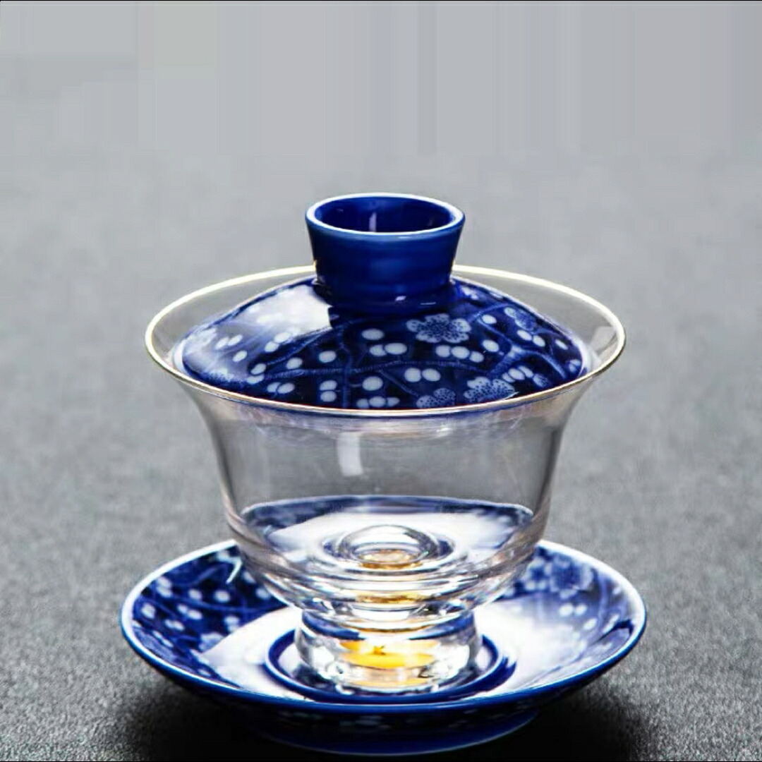 A037417茶器ガラス蓋碗 200ml 磁器蓋と受け皿付き（花模様）高級 食器｜リタハウス　店