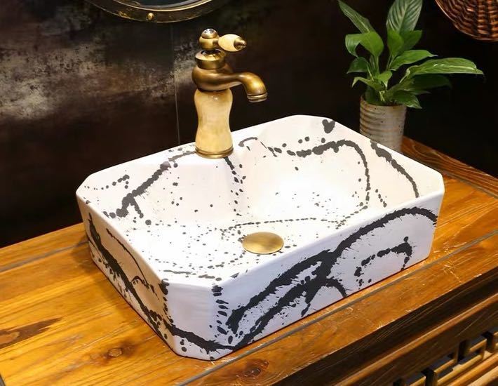 A012673洗面台 洗面ボウルセット 洗面ボール 陶器 手水鉢 手洗器 手洗い鉢 洗面器 蛇口 排水金具付き|リタハウス 店