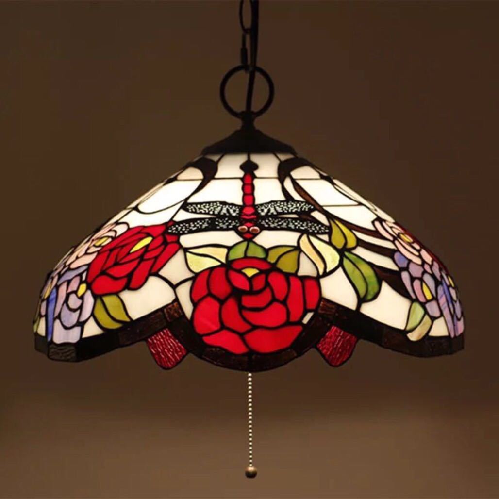 A042612ステンドグラス．ペンダントライト豪華天井照明ステンドグラスランプ ガラス工芸品 電源直結タイプ