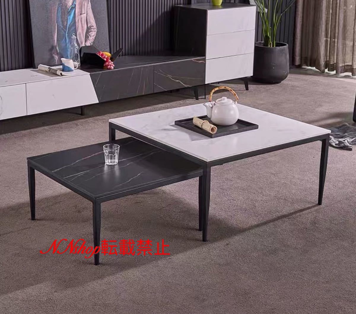 A022357御膳上等寝部屋用速見表 人造マーブルガラスローテーブル リビング速見表 真っただ中速見表 サイドテーブル 2点仕かける