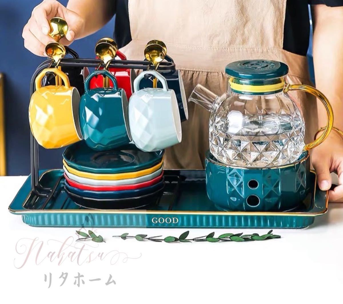 A025147高級ティーカップ＆ソーサー 6客セット 陶器 トレー付き｜リタハウス　店