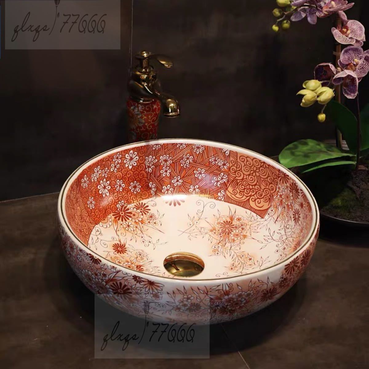 A047478高級洗面台 ．洗面ボウルセット 洗面ボール 陶器 手水鉢 ．手洗器 手洗い鉢 洗面器 蛇口 排水金具付き｜リタハウス　店 56,760円