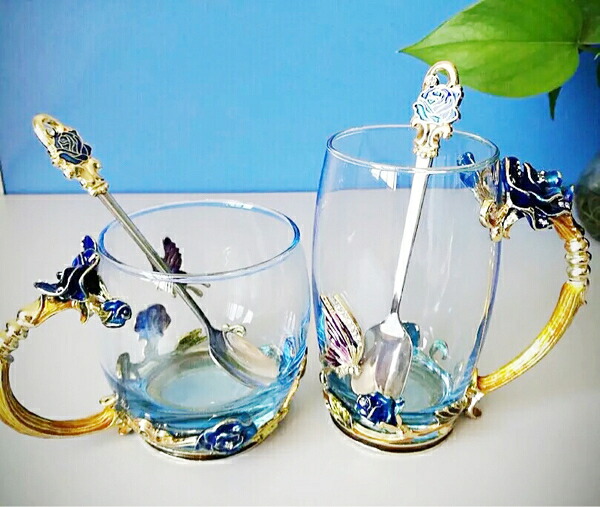 A003410薔薇 瑠璃製 お茶優勝杯 4点仕掛ける食器 珈琲優勝杯～花柄姫系雑貨