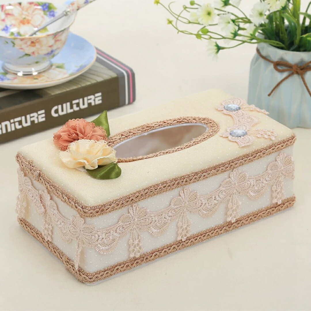 姫系 ティッシュケース レース ティッシュボックスカバー ベージュ花モチーフ|リタハウス 店