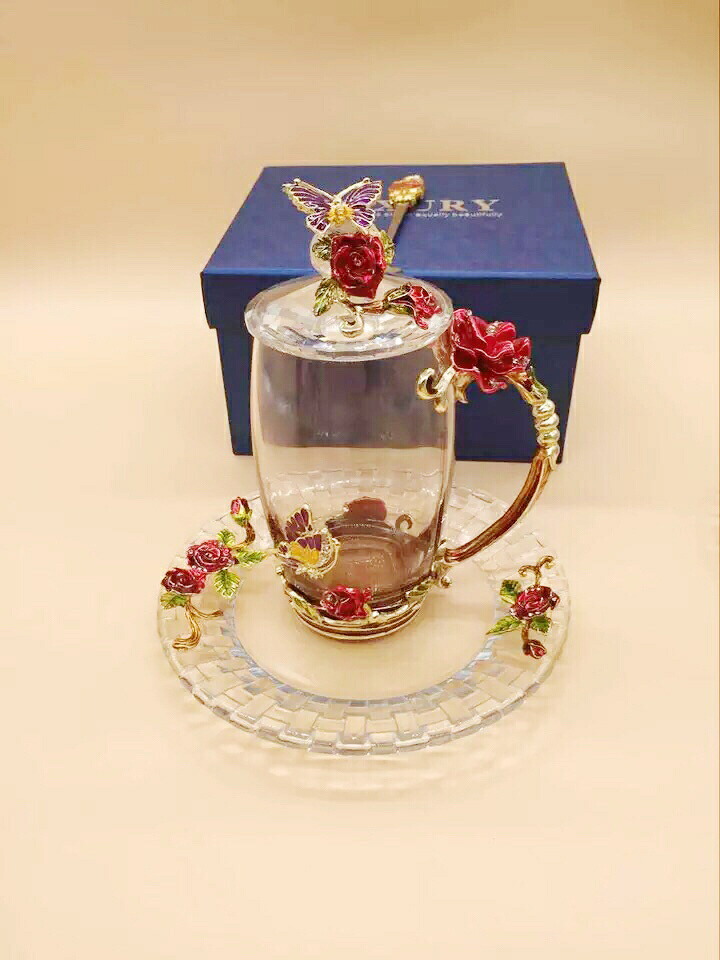 A003399一般受けの耐熱瑠璃製 洋食器 お茶優勝杯＆平円盤 ローズ雑貨
