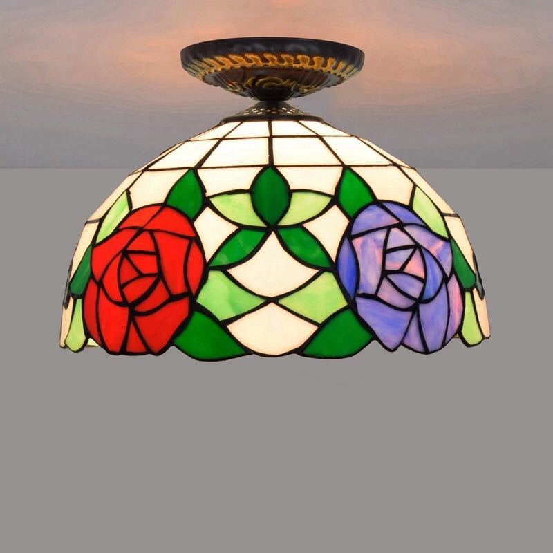 A027872ステンドグラス　ペンダントライト 豪華天井照明ステンドグラスランプ ガラス工芸品． 電源直結タイプ