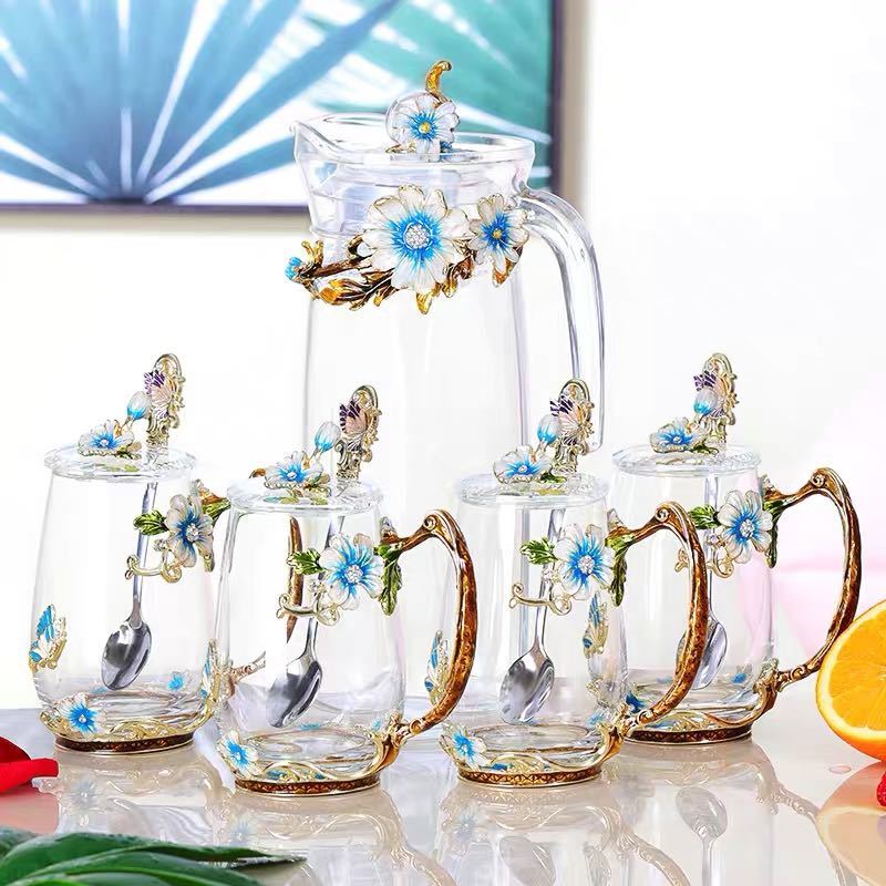 西洋ティー コーヒーカップセット ガラス製カップ4客セット ．花柄 贈る結婚祝い ガラス製カップ4客セット