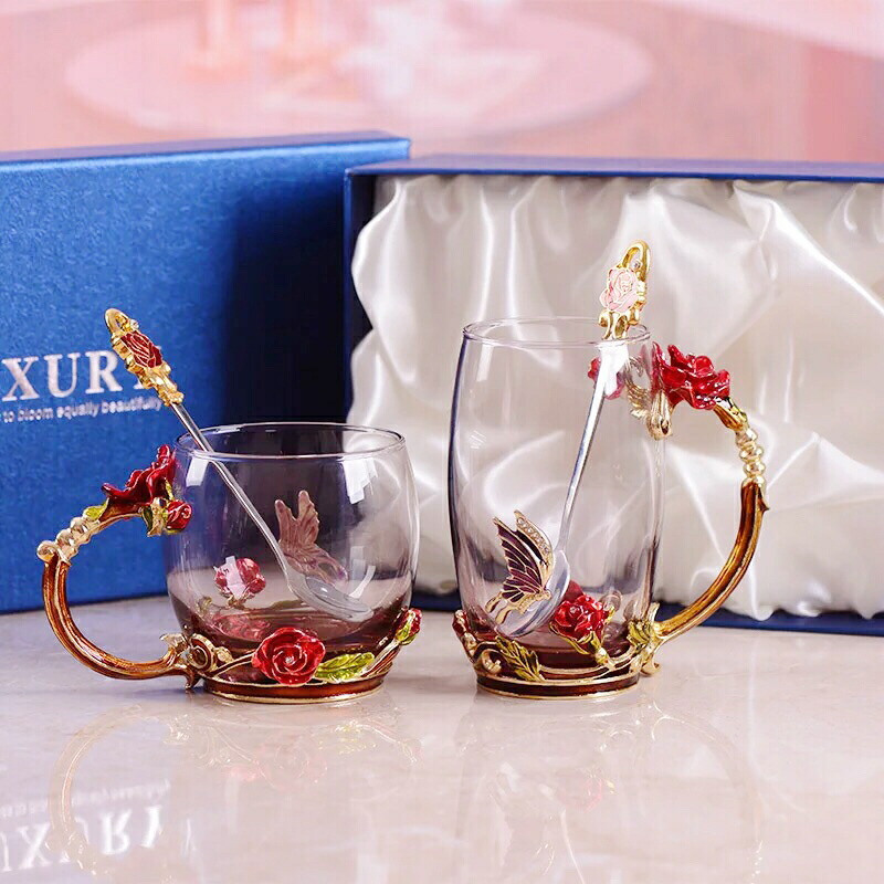 A044199赤薔薇 瑠璃製 お茶優勝杯 4点仕掛ける食器 珈琲優勝杯～
