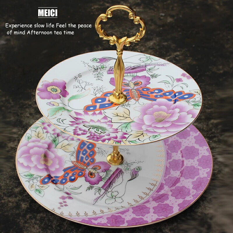 A048207ケーキ スタンド プレート 2段セット アフタヌーンティー フルーツ トレー 皿 薔薇花柄