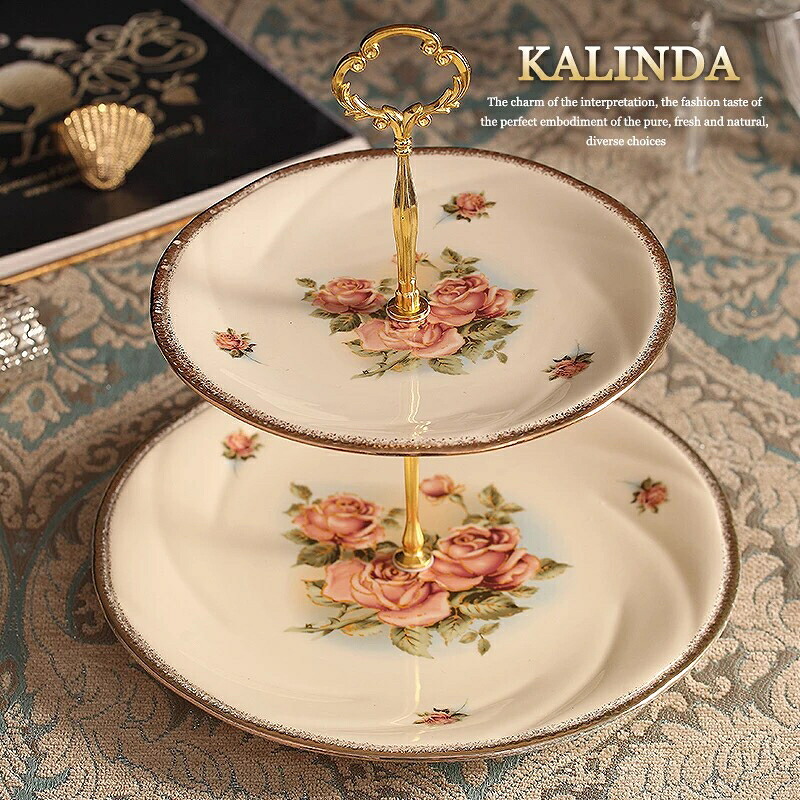 A029563ケーキ スタンド プレート 2段セット アフタヌーンティー フルーツ トレー 皿．薔薇．｜リタハウス　店