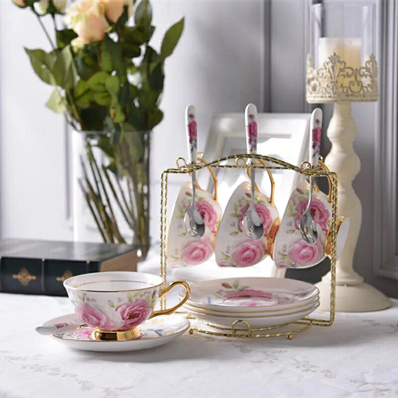 A060694西洋ティー・コーヒーカップセット カップ＆ソーサー4客セット 花柄豪華カップ 姫系雑貨 上品陶磁器ティーセット｜リタハウス　店