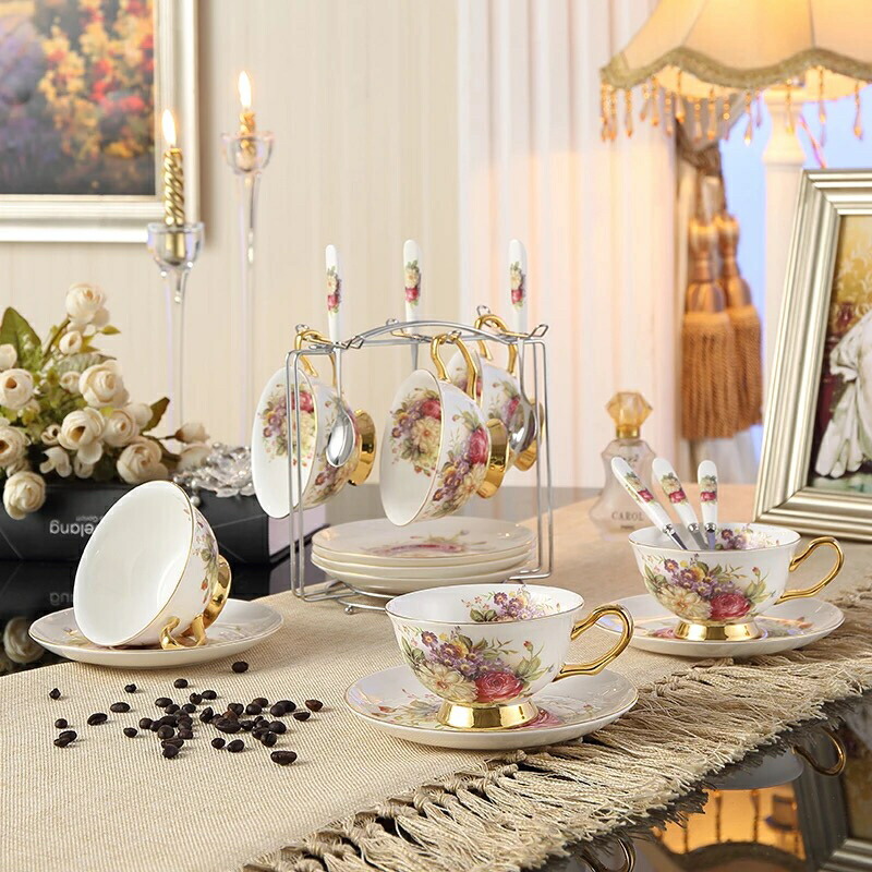 A012448ティー・コーヒーカップセット カップ＆ソーサー6客セット 花柄 豪華カップ 上品 陶磁器ティーセット｜リタハウス　店