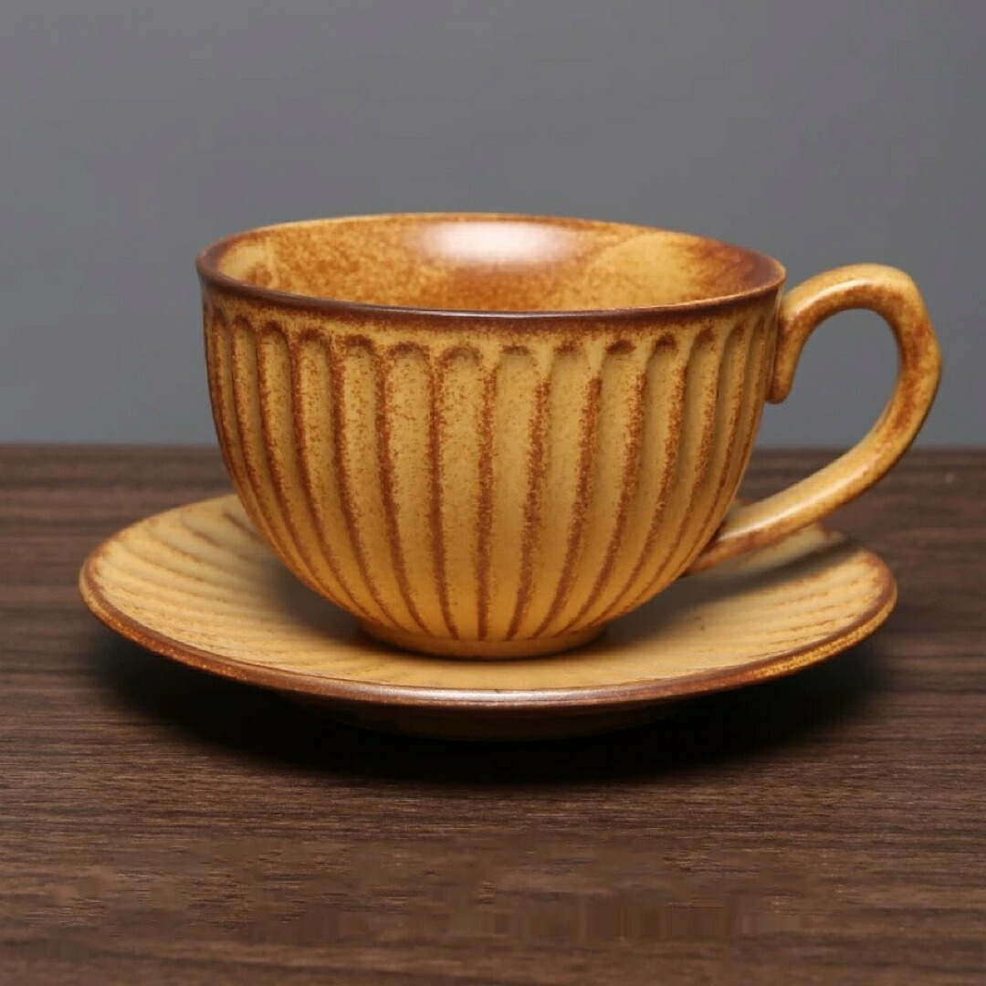 A064152レトロ風 コーヒーカップ＆ソーサーセット 陶器製 手作り釉薬加工マグカップ茶器｜リタハウス　店 14,293円