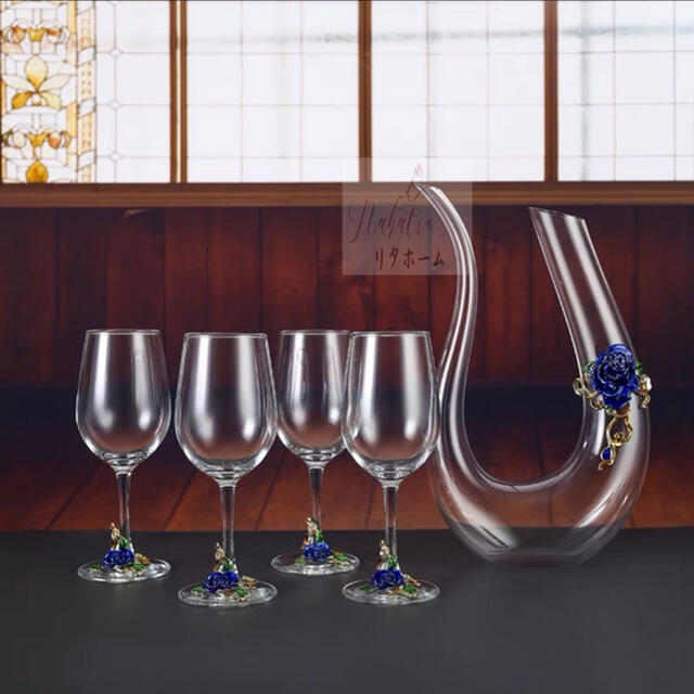A006390上品ワイングラス ★ シャンパン グラス 5点セット 薔薇バラ装飾 デキャンタ ワイングラス  赤ワイン用 クリスタルガラス 高級感 おしゃれ 洋風 北欧風 エレガント ギフト プレゼント 記念日 結婚祝い