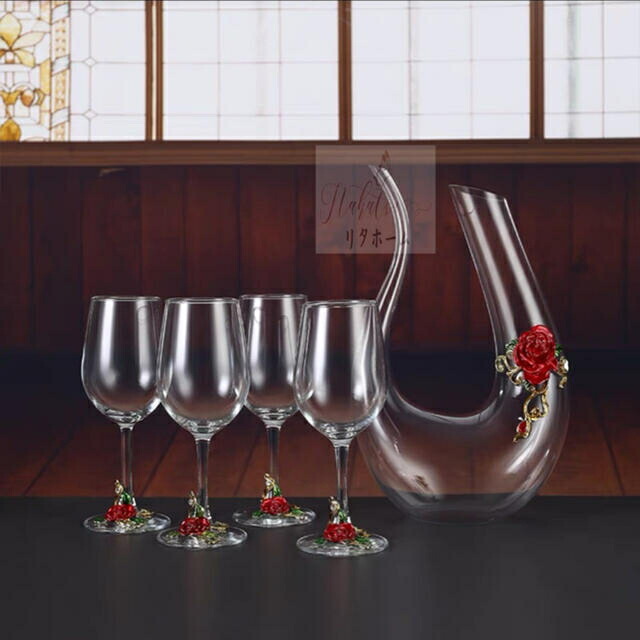 A006391上品ワイングラス ★ シャンパン グラス 5点セット 薔薇バラ装飾 デキャンタ ワイングラス  赤ワイン用 クリスタルガラス 高級感 おしゃれ 洋風 北欧風 エレガント ギフト プレゼント 記念日 結婚祝い