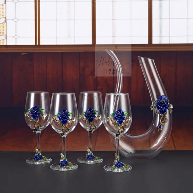 A006392 上品ワイングラス ★ シャンパン グラス 5点セット 薔薇バラ装飾 デキャンタ ワイングラス  赤ワイン用 クリスタルガラス 高級感 おしゃれ 洋風 北欧風 エレガント ギフト プレゼント 記念日 結婚祝い