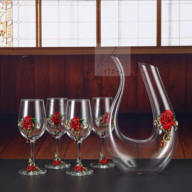 A006393 上品ワイングラス ★ シャンパン グラス 5点セット 薔薇バラ装飾 デキャンタ ワイングラス  赤ワイン用 クリスタルガラス 高級感 おしゃれ 洋風 北欧風 エレガント ギフト プレゼント 記念日 結婚祝い