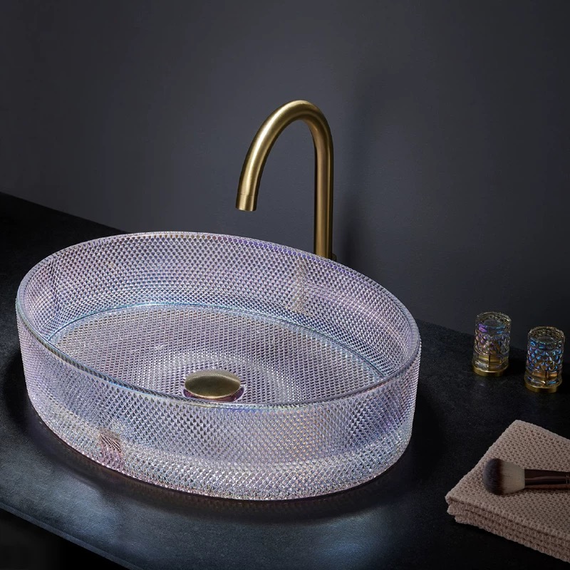 A032271高級洗面ボウルセット 洗面ボール 手水鉢 手洗器 手洗い鉢 高級 クリスタルガラス 洗面ボウル 置き型 楕円 透明 洗面器 手洗いボウル|リタハウス 店