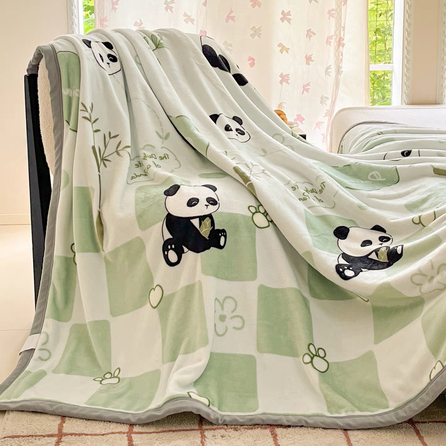 A014941好いたらしい 毛布 ひざ掛け かけ布団100x200 ジャイアントパンダ柄 ブランケット 綿ネル 生あたたかい 軽さ パステル色の 大判 冬用 寝具 防寒