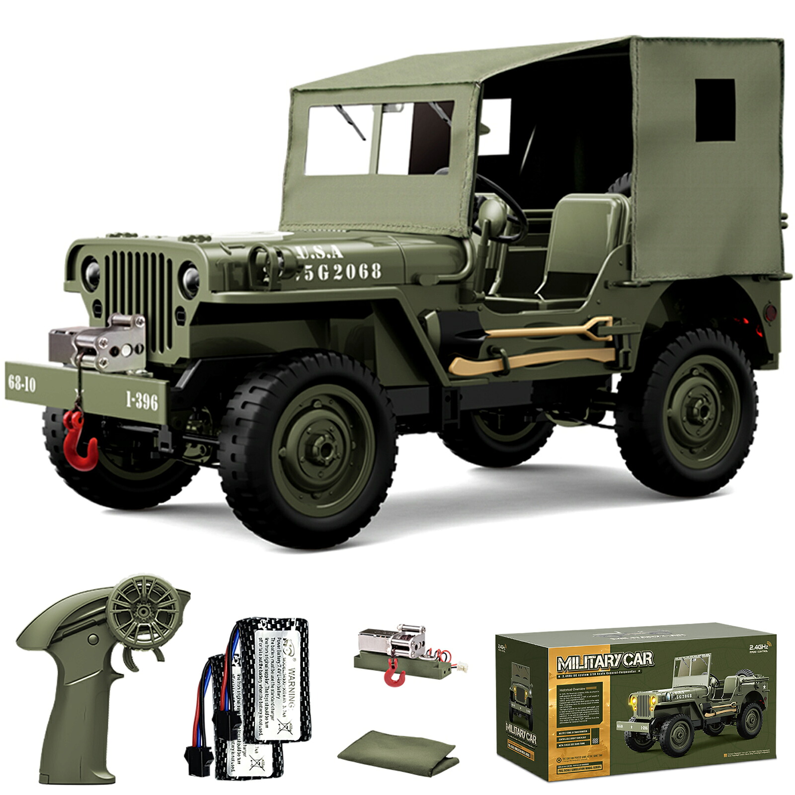 軍用 ラジコンカー 子供向け 人気 1/10 大型 オフロード ジープ ラジコン クローラー 車 モデル 4WD リアルなヘッドライト 2.4GHz バッテリー2個 操作時間?80分 大人向け 電動 おもちゃ 技適認証済み 男の子 小学生 中学生 プレゼント クリスマス お祝い 贈り物｜Ritaosan 店