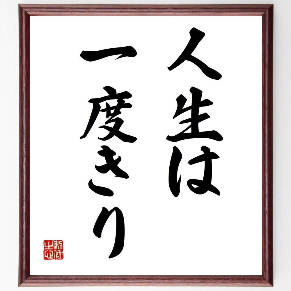 名言「人生は一度きり」手書き書道色紙額／受注後の毛筆直筆　（一度きりの人生 人生の選択 後悔しない生き方 貴重な時間 人生の価値 瞬間を大切に 生きる意味 限りある時間 人生の冒険 今を楽しむ 名言 格言 座右の銘 ﾌﾟﾚｾﾞﾝﾄ 贈り物 お祝い 偉人～