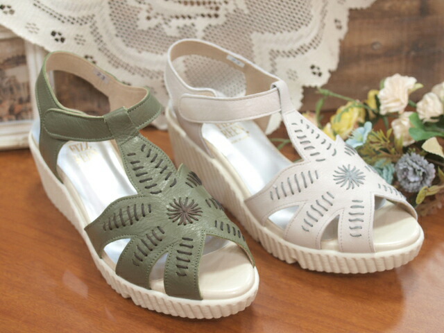 【FIZZ REEN　フィズリーン】3Eワイズ　厚底ウェッジソールサンダル 646【アイボリー ・カーキ】【サマーアイテム バックバンドサンダル】
