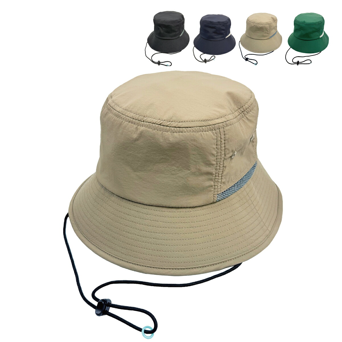 【はっ水 接触冷感 吸水速乾 UVケア 洗える 抗菌 消臭】ベーシックエンチ 爽 Hat ベンチレーション あご紐 ハット サファリハット ナイロン アドベンチャー バケットハット ドローコード ストラップ メンズ レディース フリーサイズ ゴルフ 旅行 オールシーズン bcq-n52064