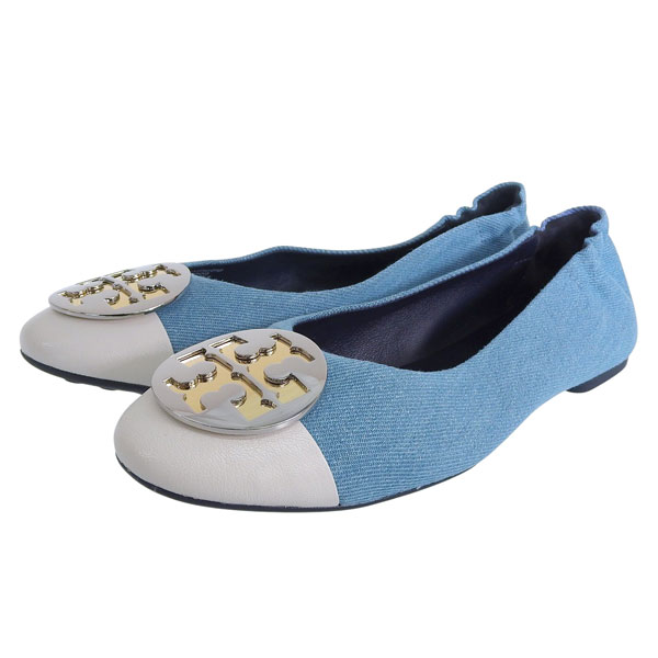 トリーバーチ 靴 レディース パンプス アウトレット 24cm デニム×レザー ブルー×ホワイト CLAIRE CAP-TOE BALLET 161388-40024 TORY BURCH|リヴェラール店