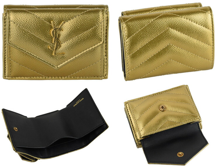 Laurent 三つ折り財布 サンローラン Saint Ysl レザー Monogramme アウトレット レディース財布 Paris x7775 Zz 財布 サイフ 三つ折り ミニ 小銭入れ レディース かわいい 可愛い オシャレ おしゃれ ブランド レザー 革 キルティング Ysl ゴールド メタリック
