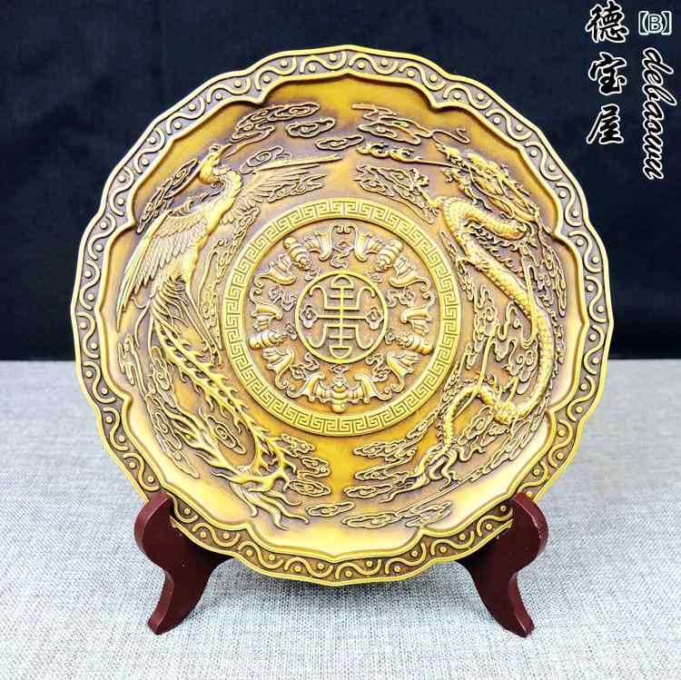 アンティーク　雑貨　飾り 銅の 装飾品 銅製 龍 皿 九 供物 縁起の 良い 壁掛け 鳳凰 丸 飾り