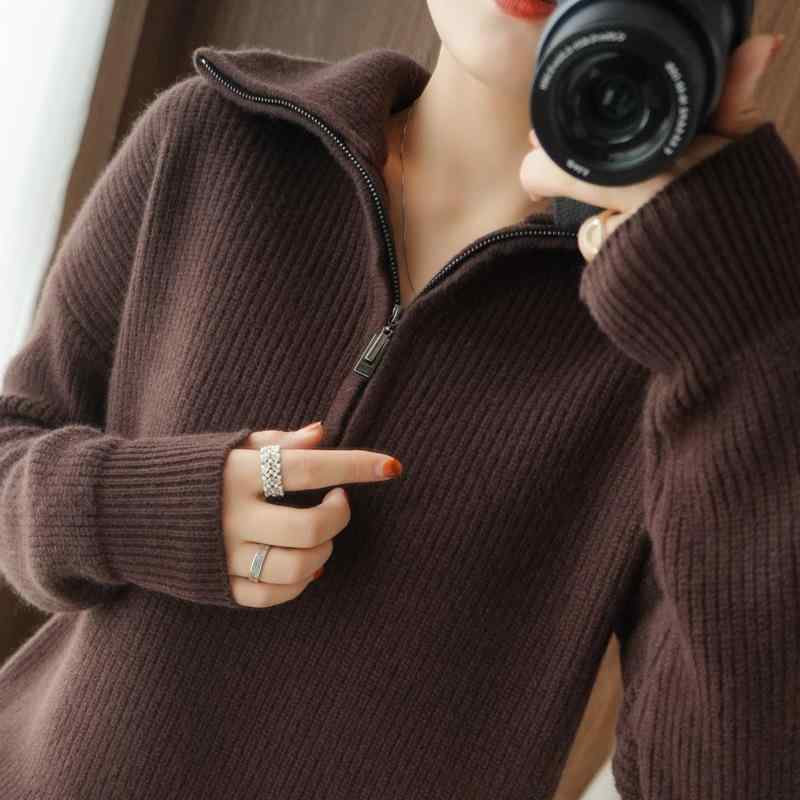 秋冬 コート レディース ジップ スタンドカラー プルオーバー ニット ワイドシルエット 厚手 暖か ニットトップス インナー 羊毛 100% 柔らか素材 ゆったり 着こなし 防寒 長袖 ベーシック スタイル ブラウン系 グレー系
