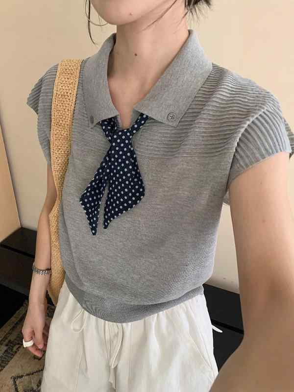 トップス レディース グレー スタンドカラー スカーフ風 接触冷感 ニット キャップスリーブ 短袖 春夏 かわいい カジュアル 普段使い 軽量 吸湿速乾